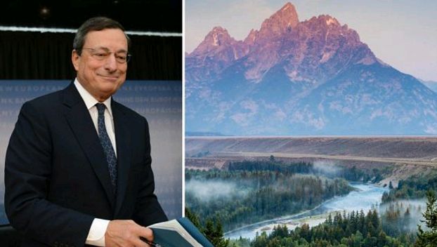 Mario Draghi, presidente del Banco Central Europeo (BCE), y paisaje de Jackson Hole. cbjacksonhole