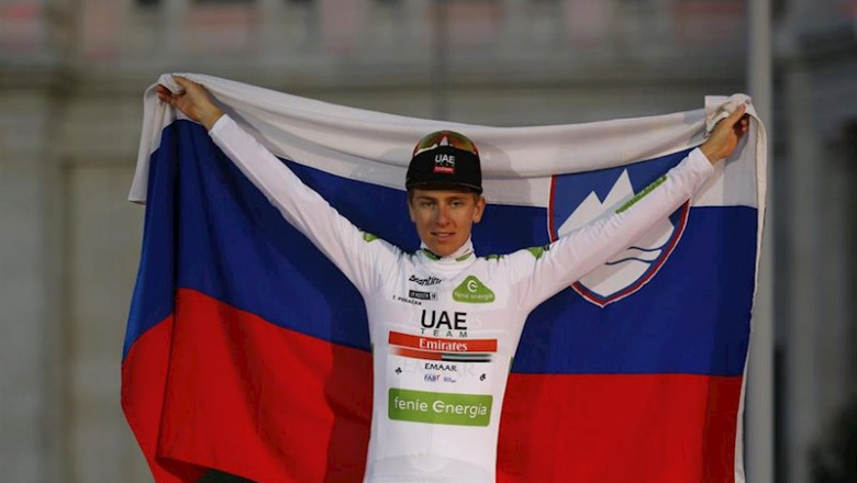 ep 15 september 2019 spain madrid slovenian cyclist tadej pogacar of uae team emirates celebrates on ep 15 september 2019 spain madrid slovenian cyclist tadej pogacar of uae team emirates celebrates on