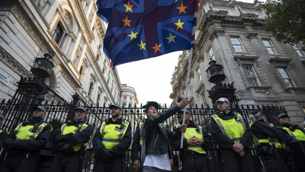 ep un chico ondea una bandera de la union europea y de reino unido frente a un grupo de policias