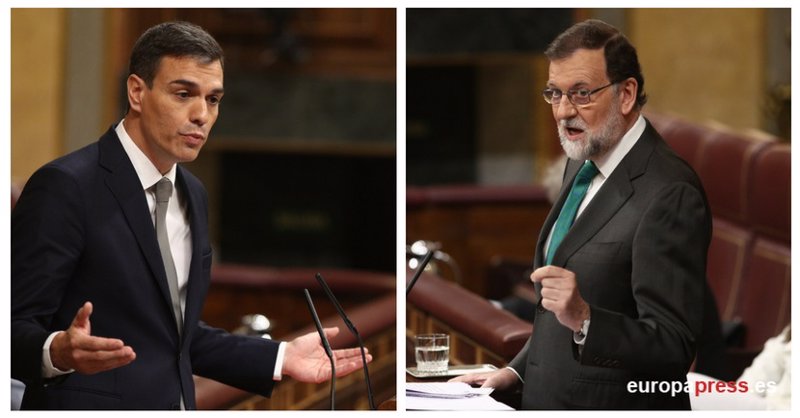 ep archivo   montaje de rajoy y sanchez durante el debate de la mocion de censura en mayo de 2018