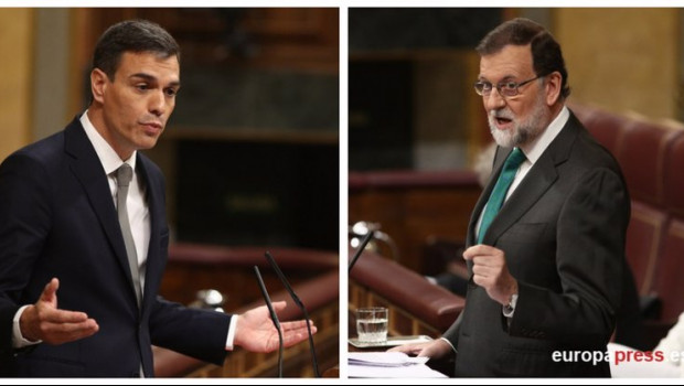 ep archivo   montaje de rajoy y sanchez durante el debate de la mocion de censura en mayo de 2018