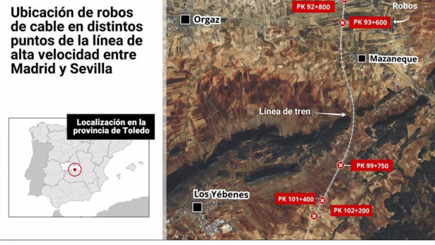 ep mapa con localizacion de los robos de cable en la linea de alta velocidad madrid sevilla