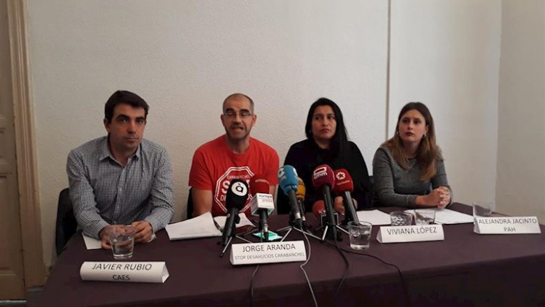 Rueda de prensa de colectivos antidesahucios para explicar el dictamen de Naciones Unidas sobre un lanzamiento en Carabanchel. | EUROPA PRESS ep rueda de prensa de colectivos antidesahucios para explicar el dictamen de naciones unidas sobre