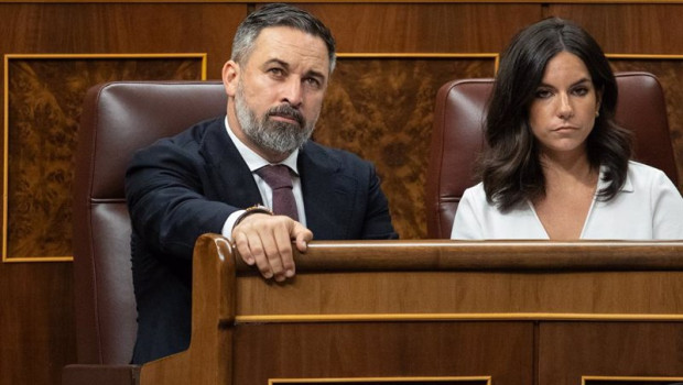 ep el lider de vox santiago abascal y la portavoz de vox en el congreso pepa millan durante una