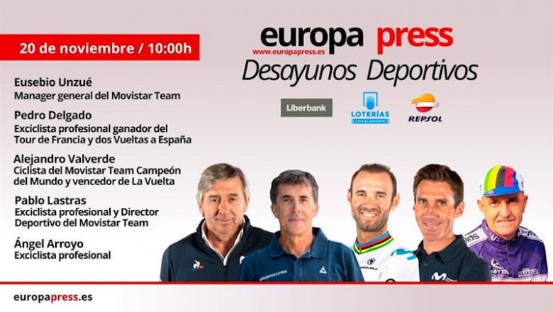 Eusebio Unzué, Pedro Delgado, Alejandro Valverde, Pablo Lastras y Ángel Arroyo celebran los 40 años 'De Reynolds a Movistar' en los Desayunos Deportivos de Europa Press | EUROPA PRESS ep eusebio unzue pedro delgado alejandro valverde pablo lastras y angel arroyo celebran los 40 anos