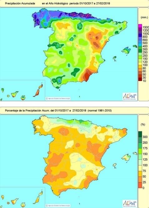 Mapa de lluvias acumuladas en España hasta el 27 de febrero | AEMET ep mapalluvias acumuladasespana27febrero
