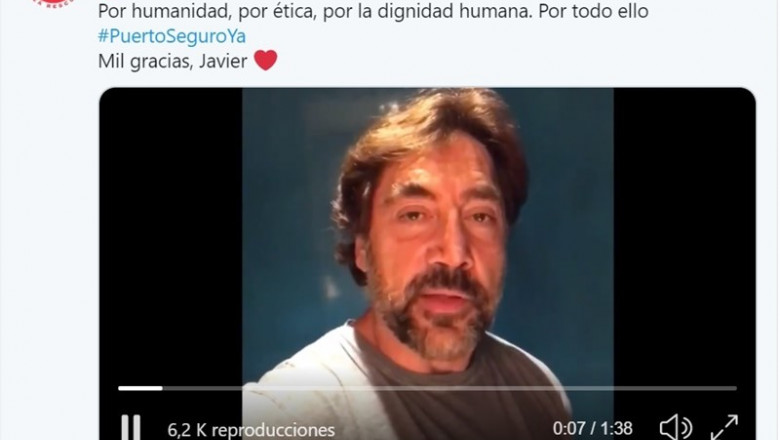 Vídeo de Javier Bardem de apoyo al Open Arms publicado en Twitter por la ONG | TWITTER ep videojavier bardemapoyoopen arms publicadotwitterla ong