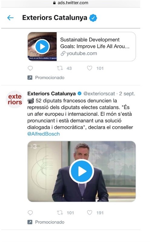 ep captura de pantalla de los tuits promocionados por la consejeria de exteriores de la generalitat