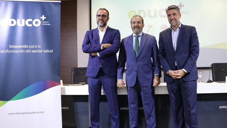 Javier Muñoz Gerbolés, gerente de eDUCO+ Health Academy; Eudardo Pastor, presidente del Grupo Cofares; Ángel Javier Vicente, director de organización, transformación y negocios diversificación del Grupo Cofares | GRUPO COFARES ep javier munoz gerboles gerente de educo health academy eudardo pastor presidente del grupo cofares