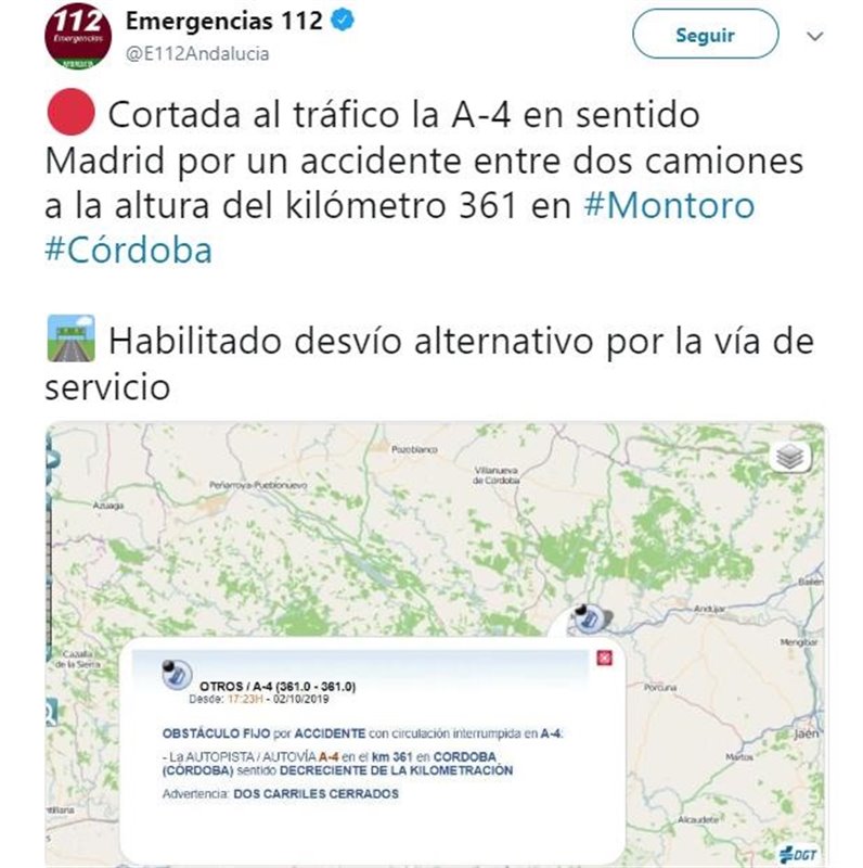 ep imagenn del mensaje difundido por el 112 en su cuenta de twitter sobre el accidente