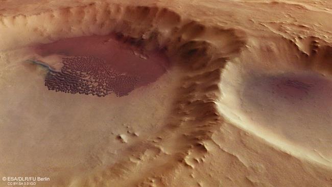 Campo de dunas en un cráter en Marte, vista en perspectiva | ESA/DLR/FU BERLIN ep campodunasun cratermarte vistaperspectiva