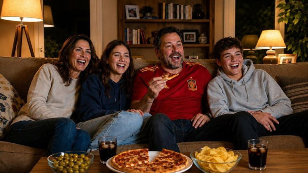 ep personas viendo un partido de futbol tras pedir delivery