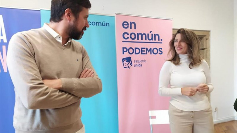 ep los diputados electos de en comun yolanda diaz y anton gomez-reino en una rueda de prensa tras