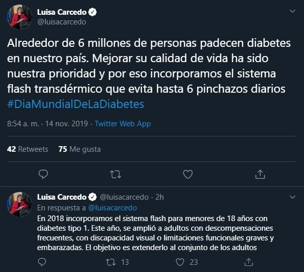 ep tuits de la ministra de sanidad maria luisa carcedo con motivo del dia mundial de la diabetes que