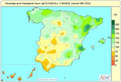Las lluvias acumuladas en el conjunto de España hasta el 11 de febrero superan en un 11% el valor normal. El suroeste, puntos del sistema Central, del centro y norte de Castilla y León y de Canarias, por el contrario, acusan déficit de precipitaciones. | AEMET ep las lluvias acumuladas en el conjunto de espana hasta el 11 de febrero superan en un 11 el valor