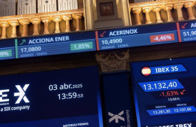 ep archivo   paneles del ibex en el palacio de la bolsa de madrid a 3 de abril de 2025 en madrid
