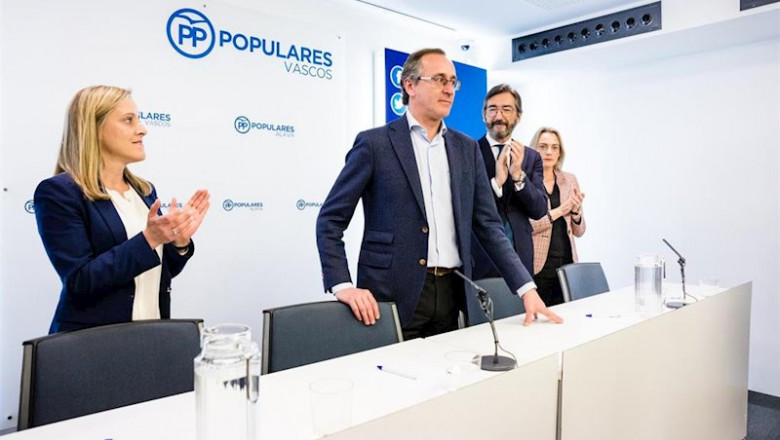 El expresidente del Partido Popular vasco, Alfonso Alonso (2i), junto a la secretaria general del PP vasco, Amaya Fernández (1i); al presidente del PP de Álava, Iñaki Oyarzabal i), y a la presidenta del PP de Bizkaia, Raquel González Diez-Andino, | Igor Martín - Europa Press ep el expresidente del partido popular vasco alfonso alonso 2i junto a la secretaria general del pp