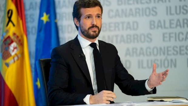 ep el lider del pp pablo casado ofrece una rueda de prensa en la sede del pp a traves de la