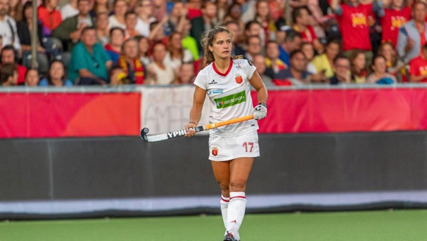 ep lola riera durante un partido de la seleccion espanola en el europeo de hockey hierba de 2019