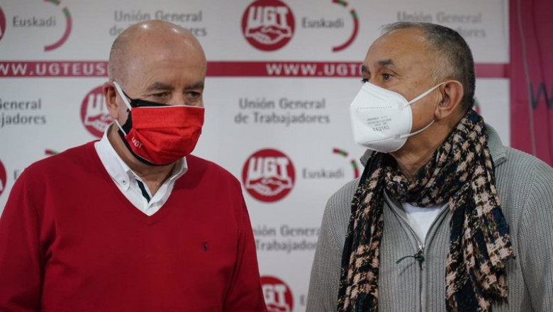 El secretario general de UGT, Pepe Álvarez, y el Secretario General de UGT Euskadi, Raúl Arza (1i), comparecen en la rueda de prensa en la sede del sindicato, a 27 de enero de 2022, en Bilbao, Euskadi, (España). Álvarez ha iniciado una ronda de reuniones | H.Bilbao - Europa Press ep el secretario general de ugt pepe alvarez y el secretario general de ugt euskadi raul arza 1i