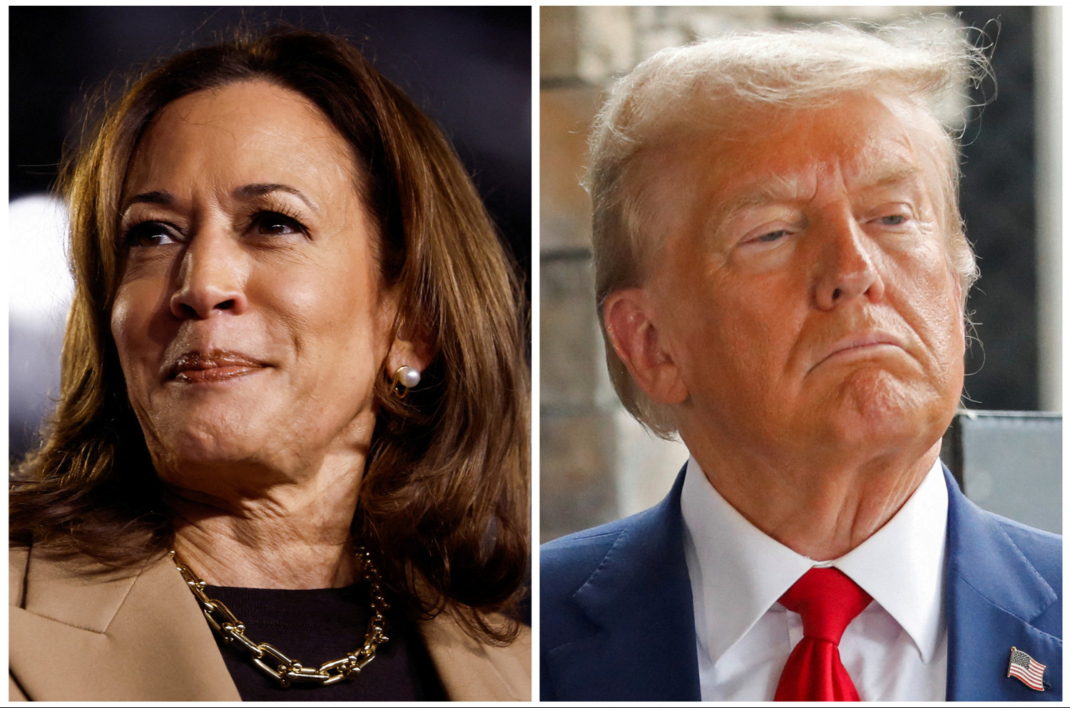 une combinaison de photographies de kamala harris et donald trump 