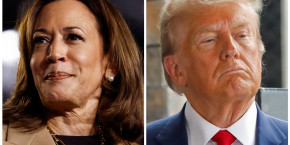 une combinaison de photographies de kamala harris et donald trump 