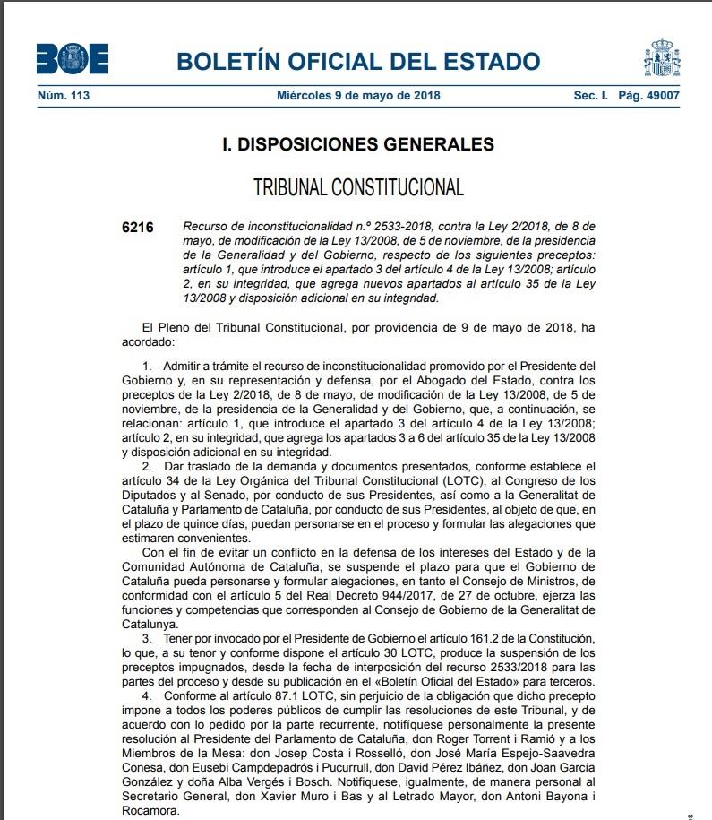 El BOE publica la suspensión de la Ley de Presidencia de la Generalitat | BOE ep boe publicasuspensionla leypresidenciala generalitat