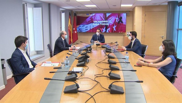 ep ignacio aguado con los portavoces de psoe mas madrid cs y unidas podemos en la asamblea de madrid