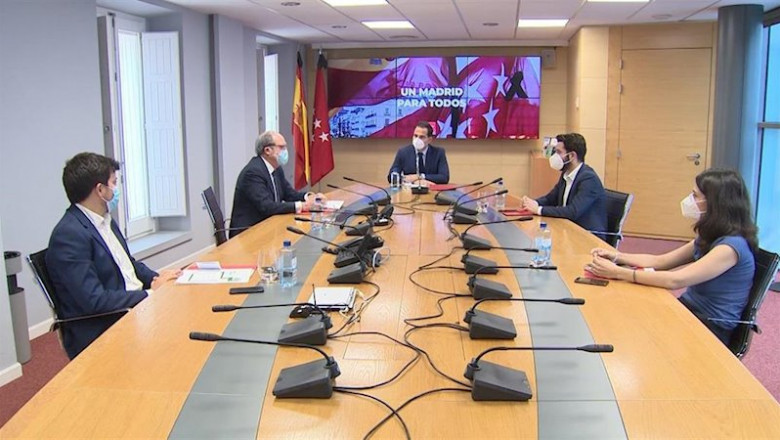 ep ignacio aguado con los portavoces de psoe mas madrid cs y unidas podemos en la asamblea de madrid
