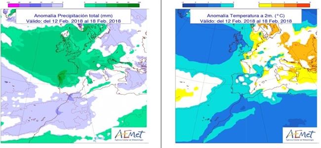 Mapa de precipitaciones y temperaturas previstas del 12 al 18 de febrero 2018 | AEMET ep mapaprecipitacionestemperaturas previstas1218febrero 2018