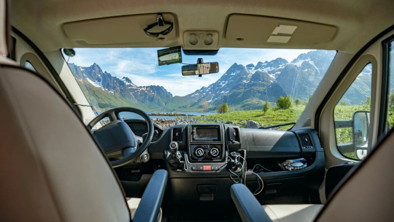 view from the window of the motorhome rv caravan on the beautifu 