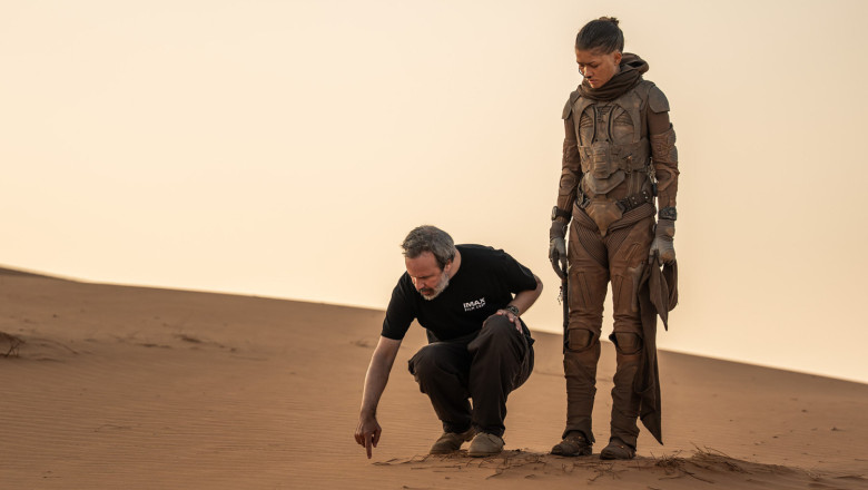 (L-r) Director/Writer/Producer DENIS VILLENEUVE and Zendaya on the set of Warner Bros. Pictures and Legendary Pictures’ action adventure “DUNE: PART THREE,” in the Liwa Desert, Abu Dhabi. A Warner Bros. Pictures release. Photo by Niko Tavernise. adfc 1 20260708211505