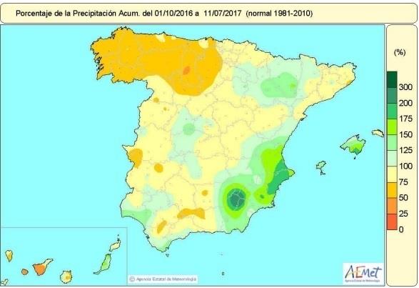 Distribución de las lluvias acumuladas desde 1-10-16 hasta el 14-7-17 | EUROPA PRESS ep distribucionlas lluvias acumuladas1-10-1614-7-17
